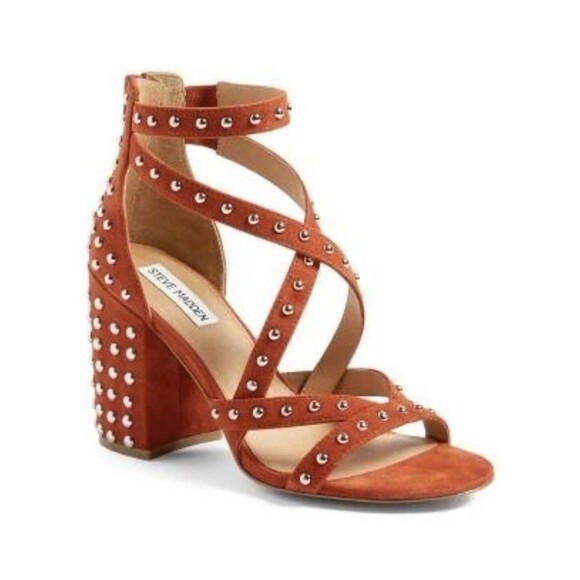 Steve Madden Block Heel Rust Orange Suede Leather Studded Fara-S Size 6 - Picture 2 of 9